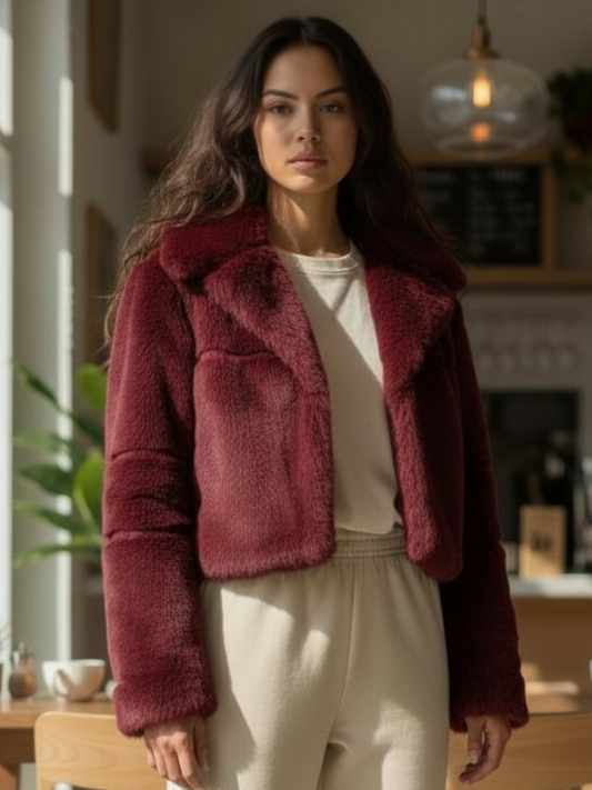Cropped Faux Fur Coat-Burgundy