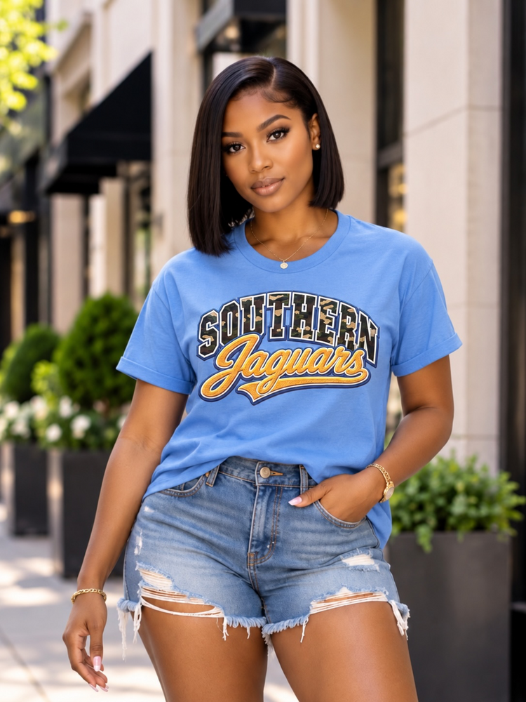 Camouflage Print Southern Jaguars Tee Shirt-Columbia Blue