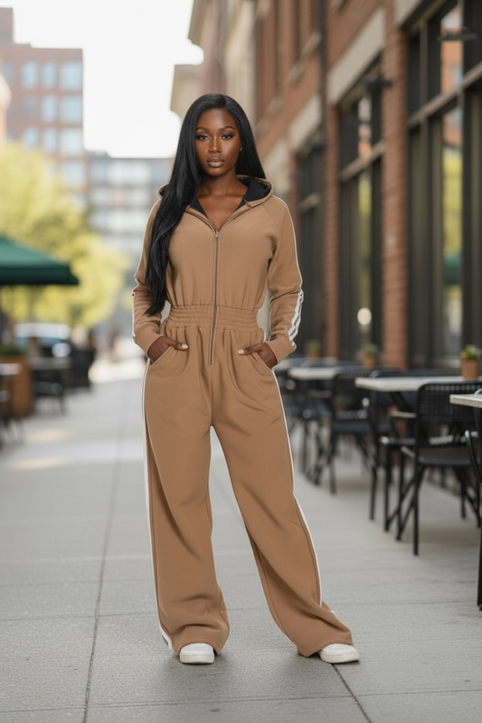 Zip-up Hooded Jumpsuit-Taupe