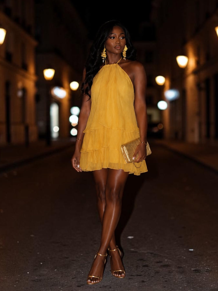 Golden Halter Mini Tea Dress