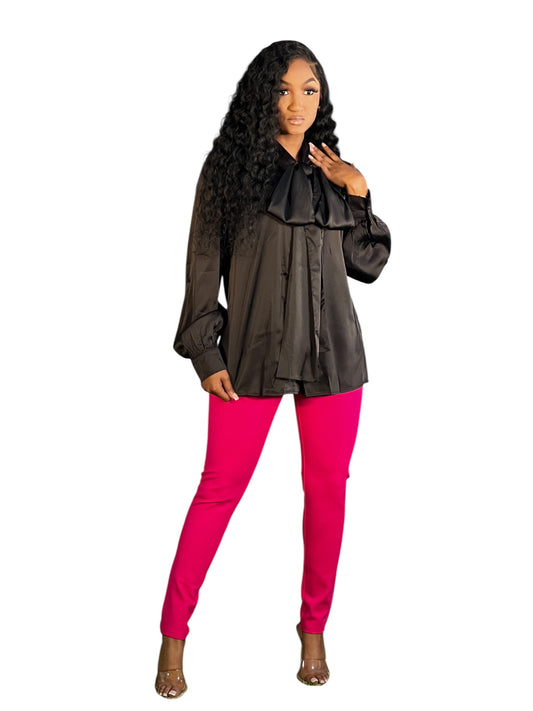 Black Satin Bow Blouse Top