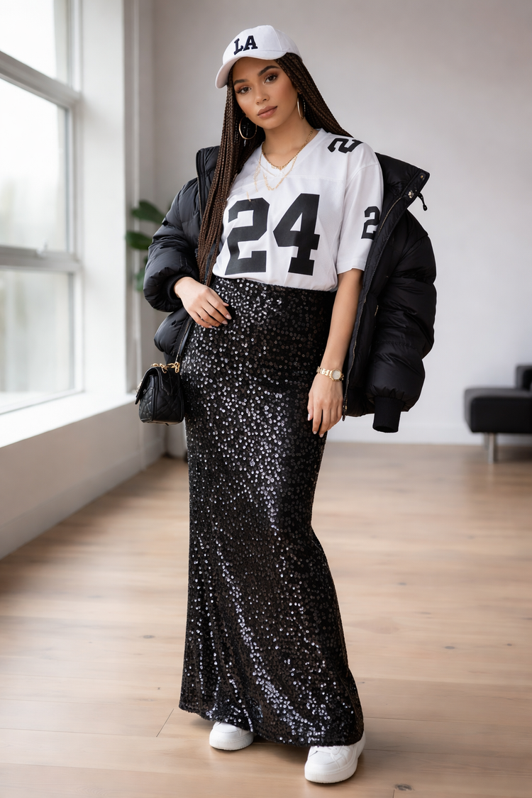 Black Sequin Maxi Skirt