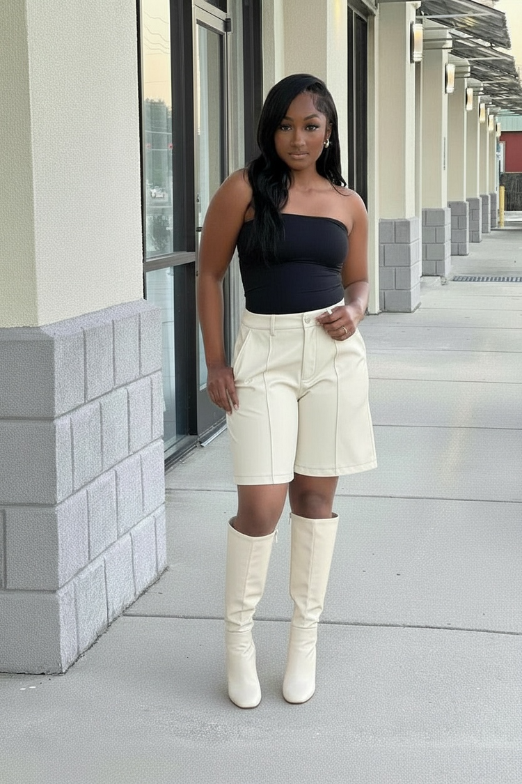 Solid Faux Leather Jorts (Ivory)