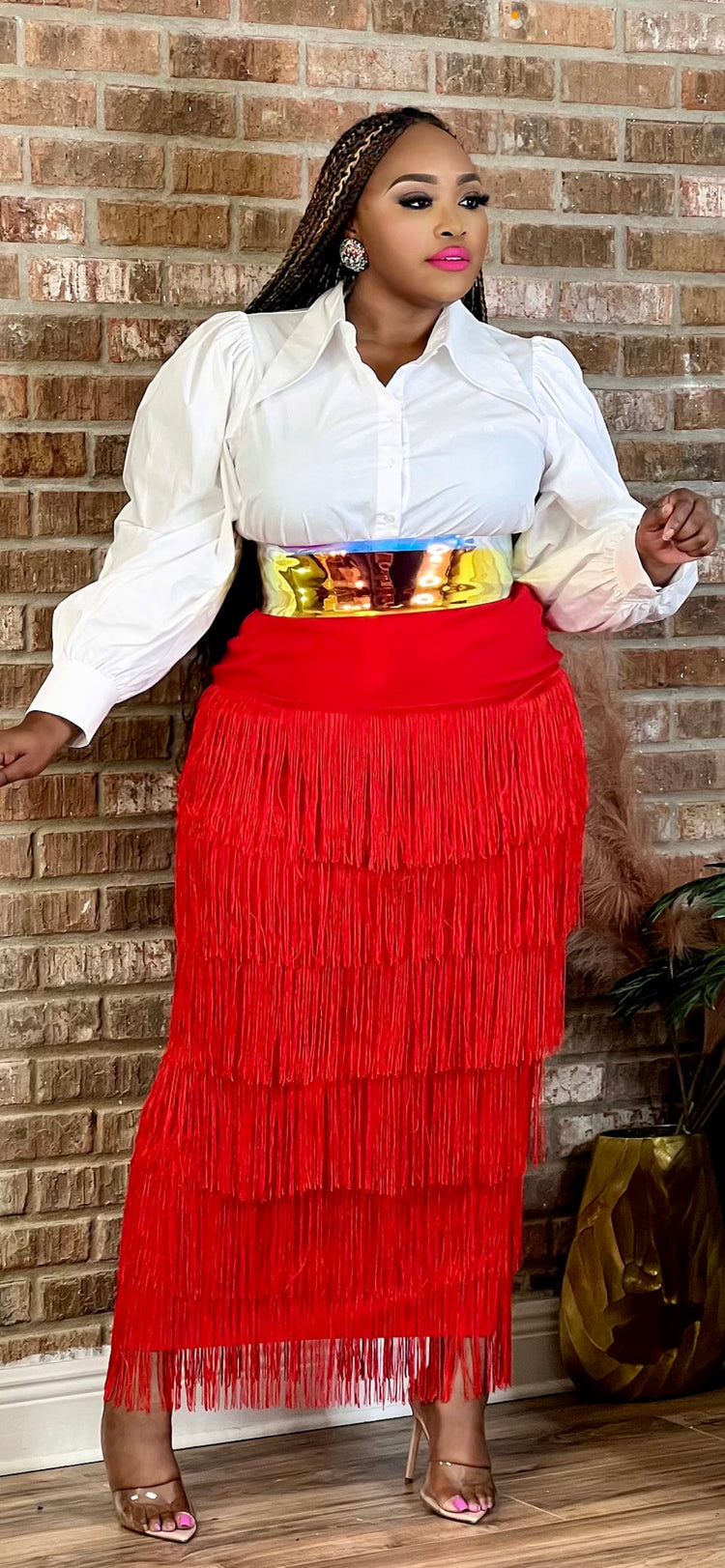Classic Fringe Skirt Red Reg/Plus