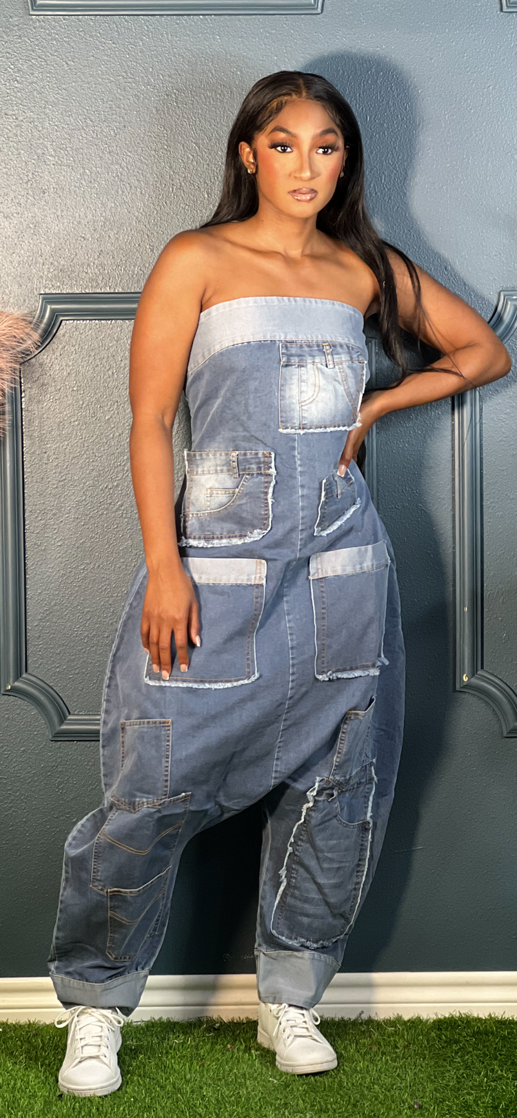 Denim Harem Strapless Jumpsuit Reg/Plus