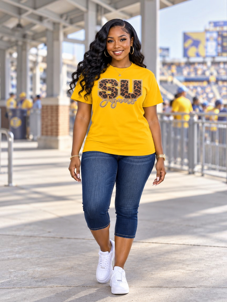 SU Jaguars Leopard Print Tee Shirt-Gold