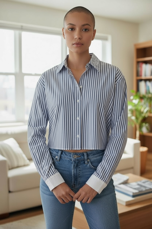 Stripe Print Crop Shirt-Blaskish