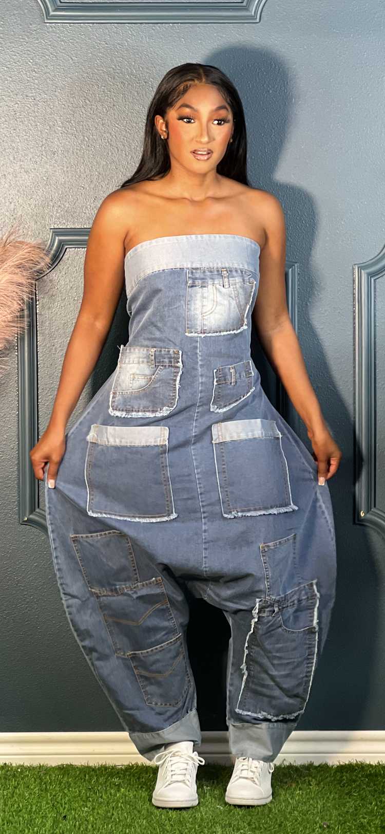 Denim Harem Strapless Jumpsuit Reg/Plus