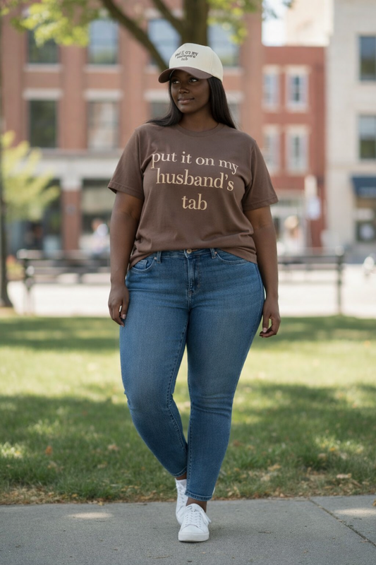 Put It On My Husband’s Tab Tee Shirt-Brown/Tan