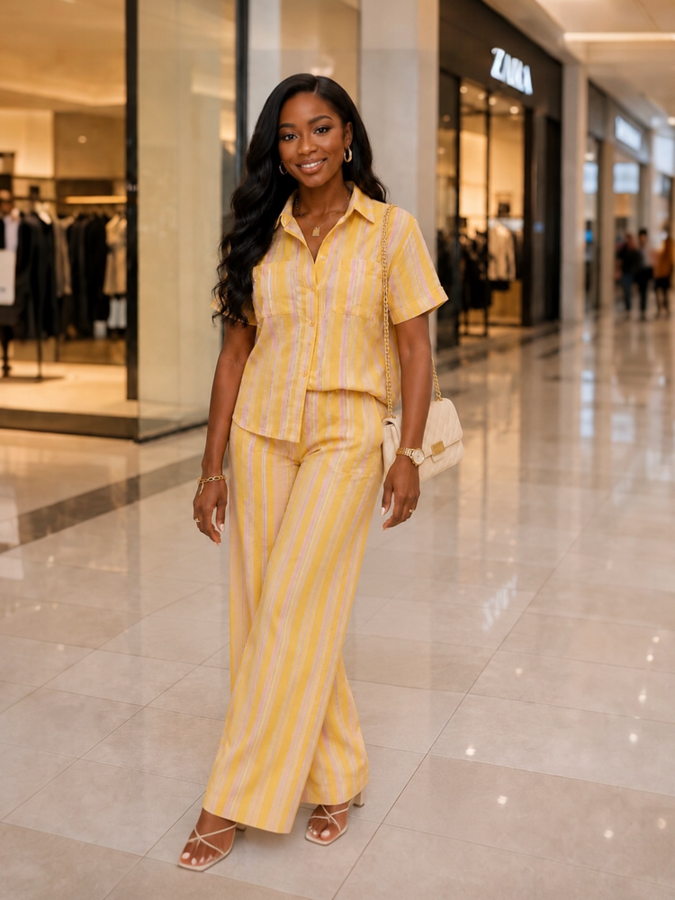 Linen Stripe Casual Set-Yellow