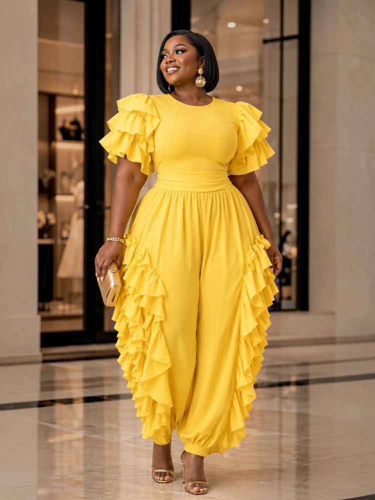 Ruffle Me Jumpsuit Plus-Yellow