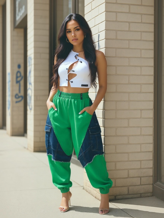 New Blocked Harem Jeans-Green
