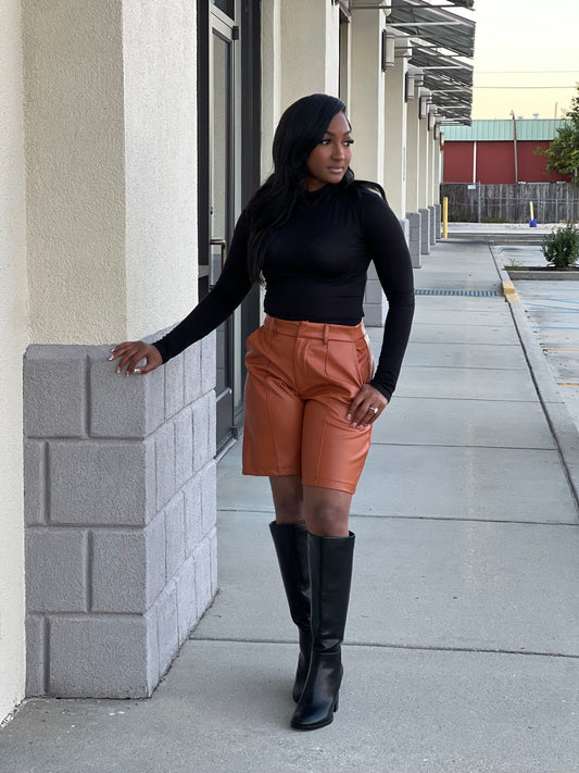 Cognac Solid Faux Leather Jorts (Shorts)