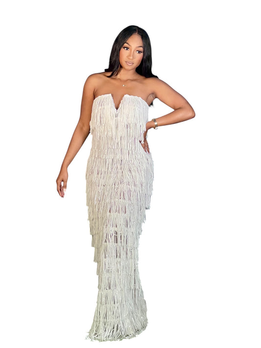 Elegant Sequin Tassel Maxi Dress White