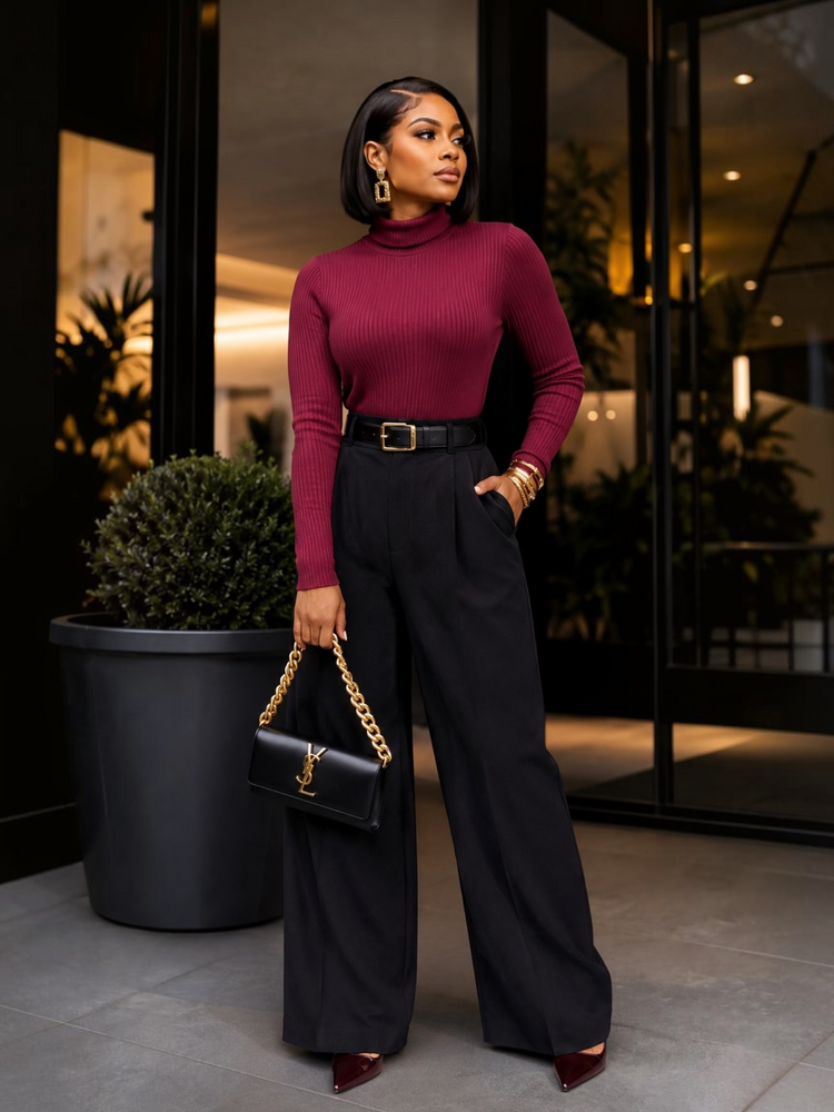 Burgundy Ribbed Turtleneck Top