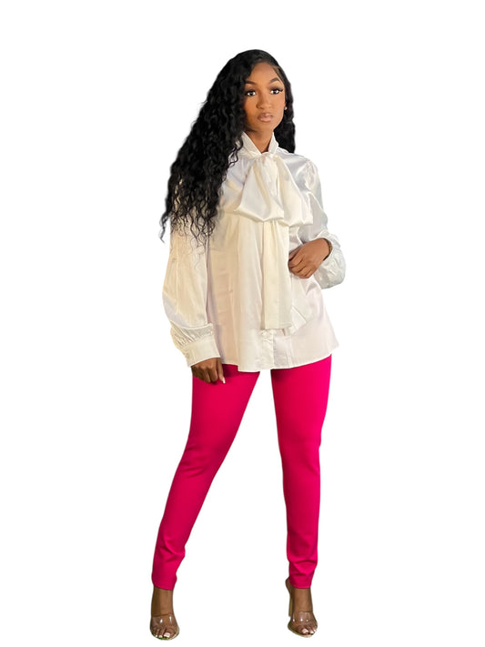 Off White Satin Bow Blouse Top