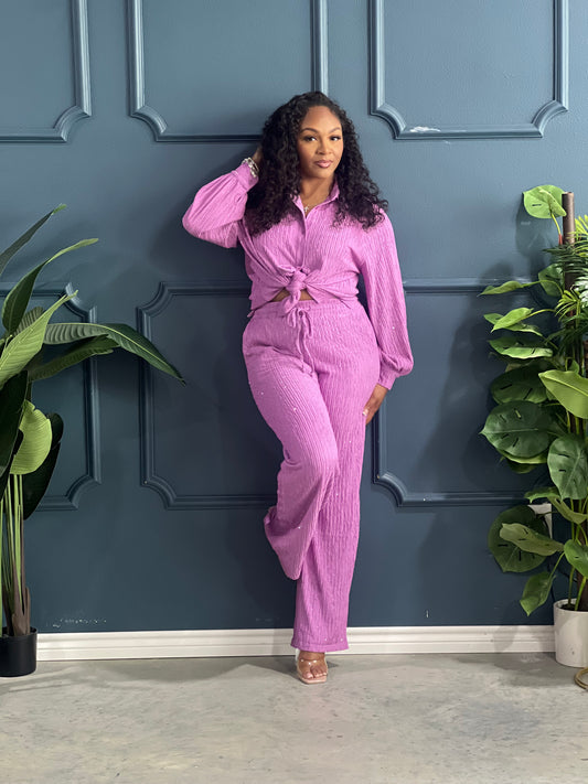Casual Crinkle Lady Set-Lt Purple