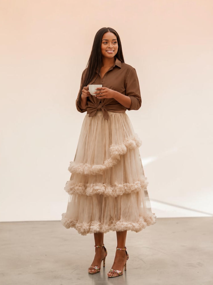 Tiered Ruffle Midi Skirt (Beige)