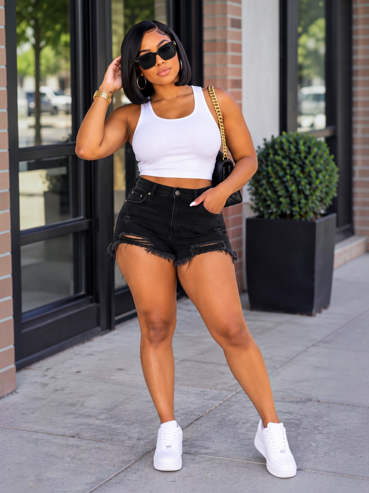 Black Denim Distressed Shorts