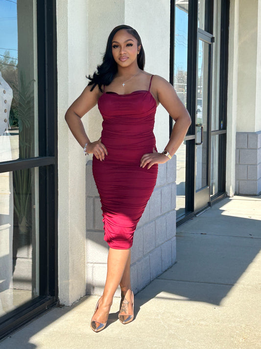 Mesh Ruch Dress-Burgundy