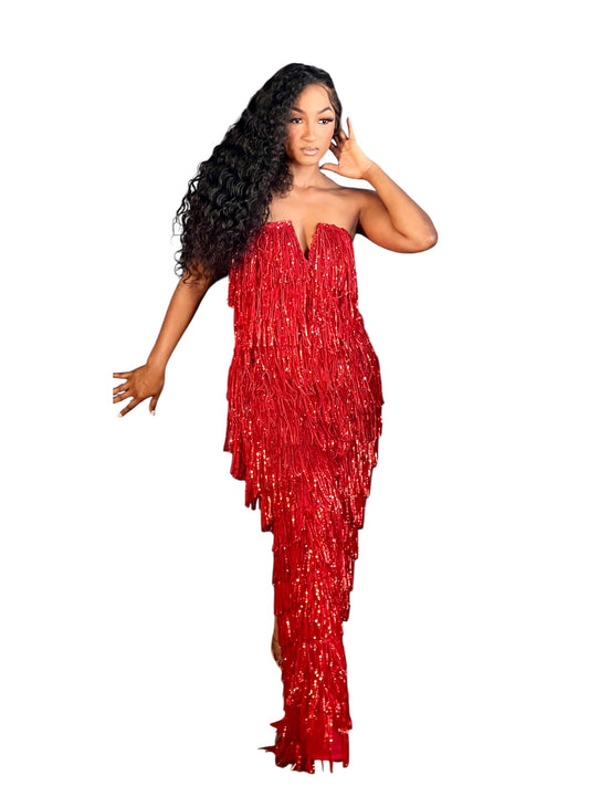 Elegant Sequin Tassel Maxi Dress-Red