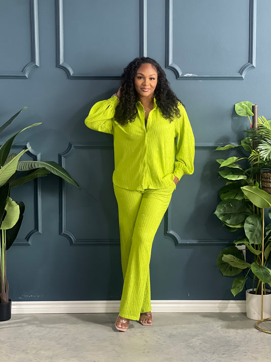 Casual Crinkle Lady Set-Lime