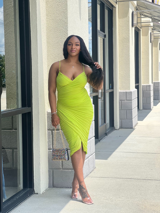 Chartreuse Ruching Gathers Dress