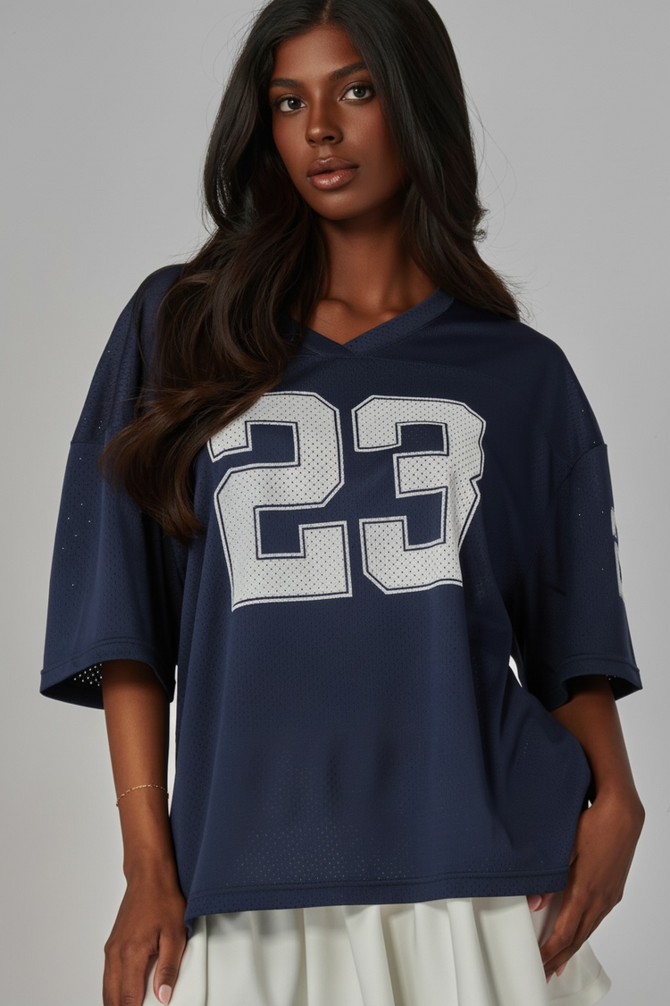 Oversized Game Day Jersey Top (Navy)