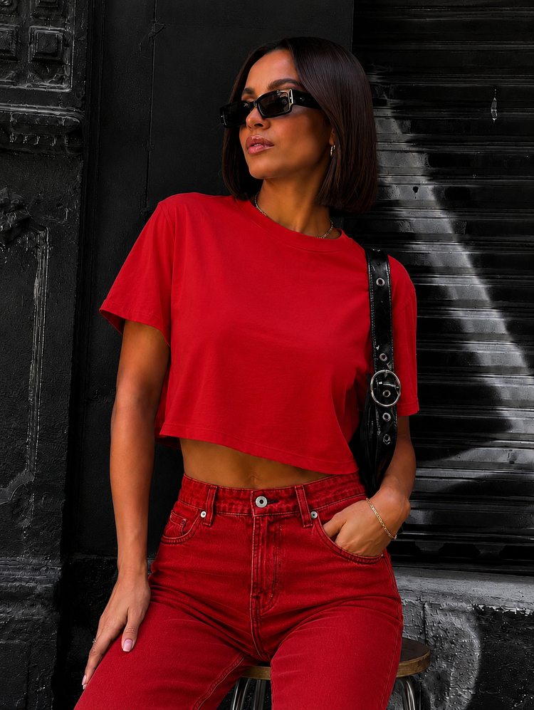 Simple Crop Tee Shirt (Red)