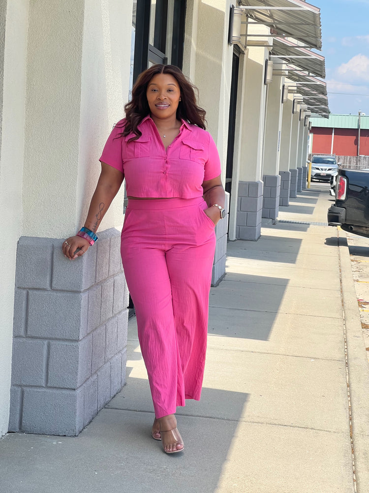 Casual Spring Pink Cropped Set Plus