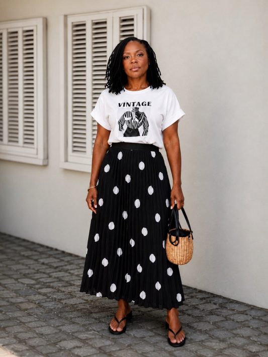Polka Dot Pleated Maxi Skirt (Black)