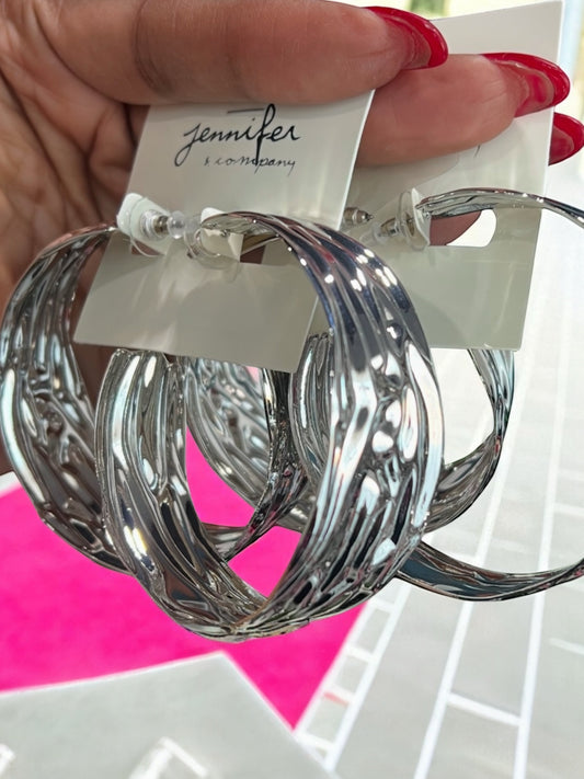 Large Crinkle Hoop Earrings-Silver