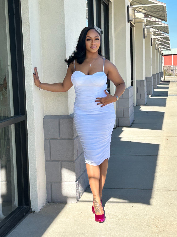 Mesh Ruch Dress-White