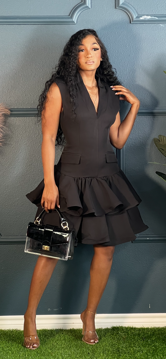 Black Solid Ruffle Mini Dress