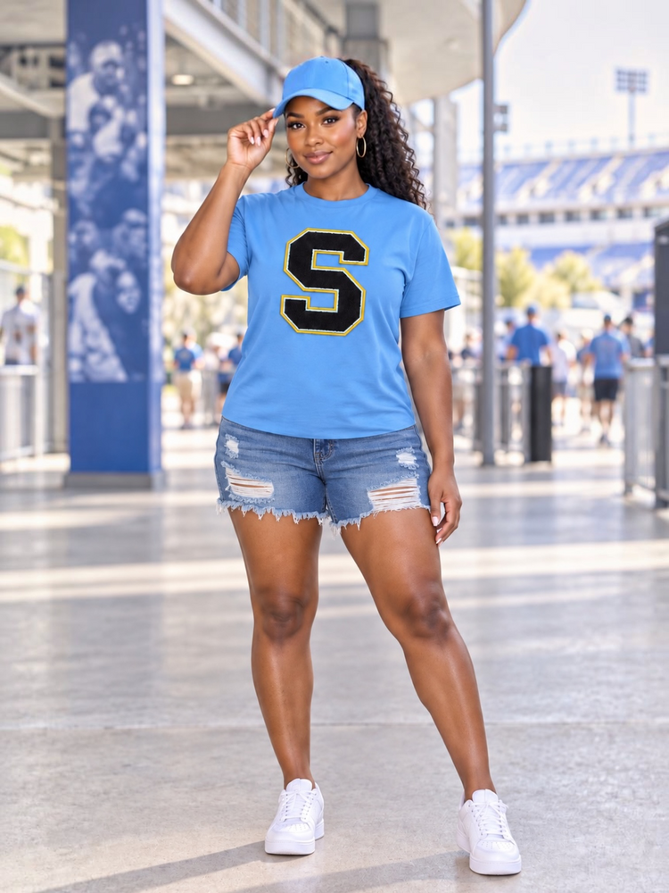 New Big “S” Patch Tee Shirt-Columbia Blue