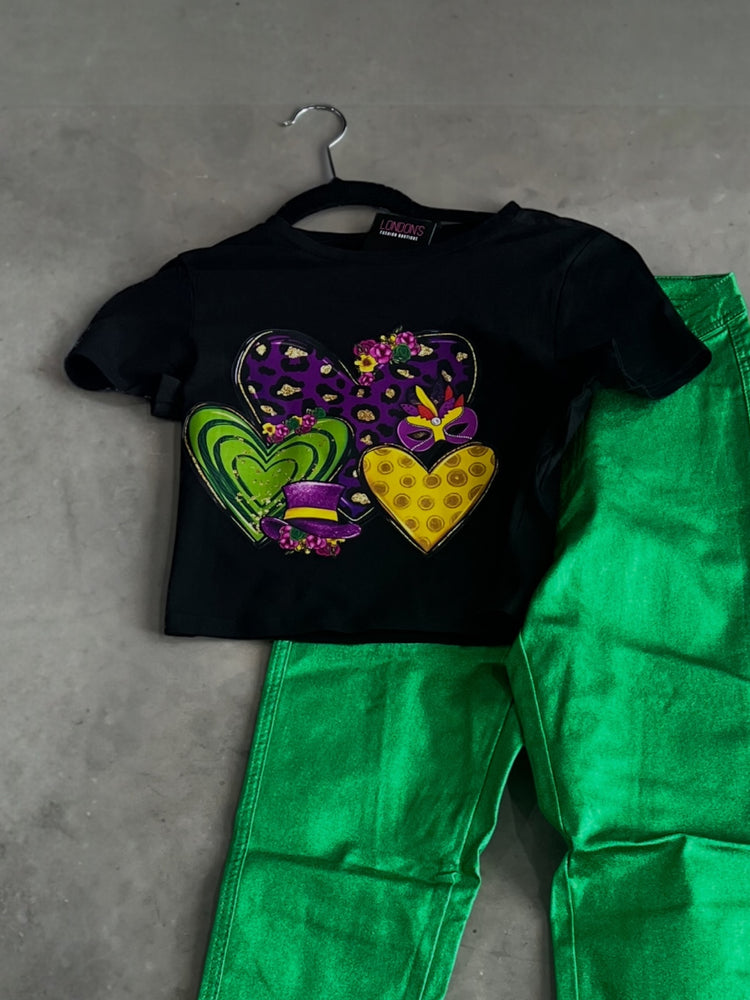 Hot Girl Mardi Gras Hearts Crop Top-Black