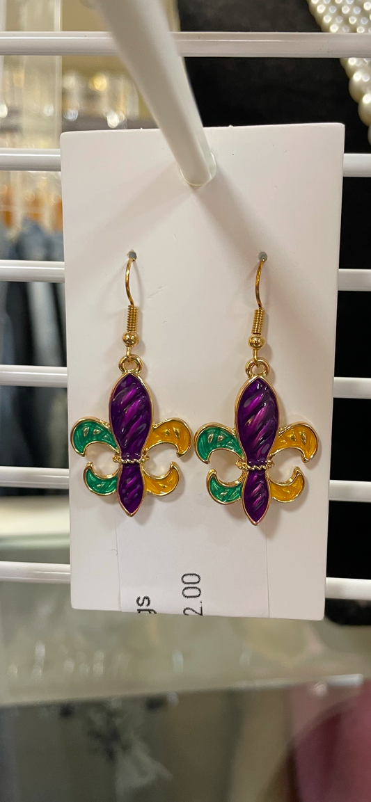 Mardi Gras Earrings-Metal Hanging Fleur de lis