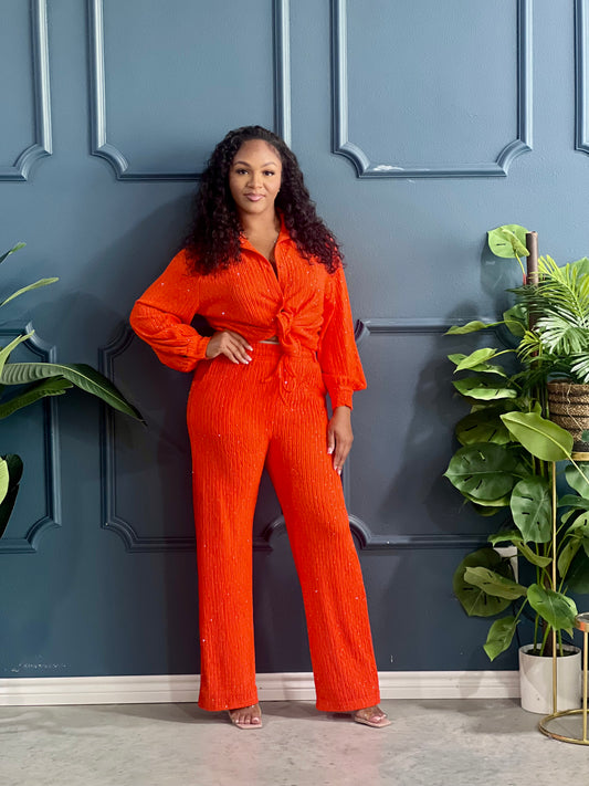 Casual Crinkle Lady Set-Orange