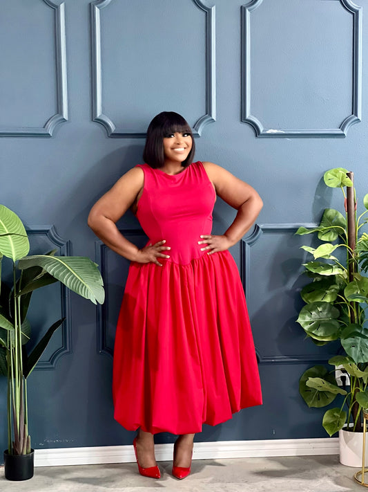 Spring Balloon Dress Plus-Red