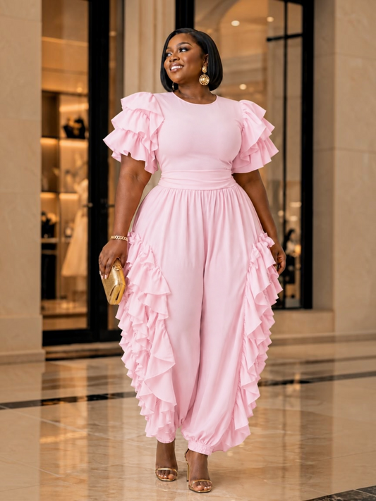 Ruffle Me Jumpsuit Plus-Pink