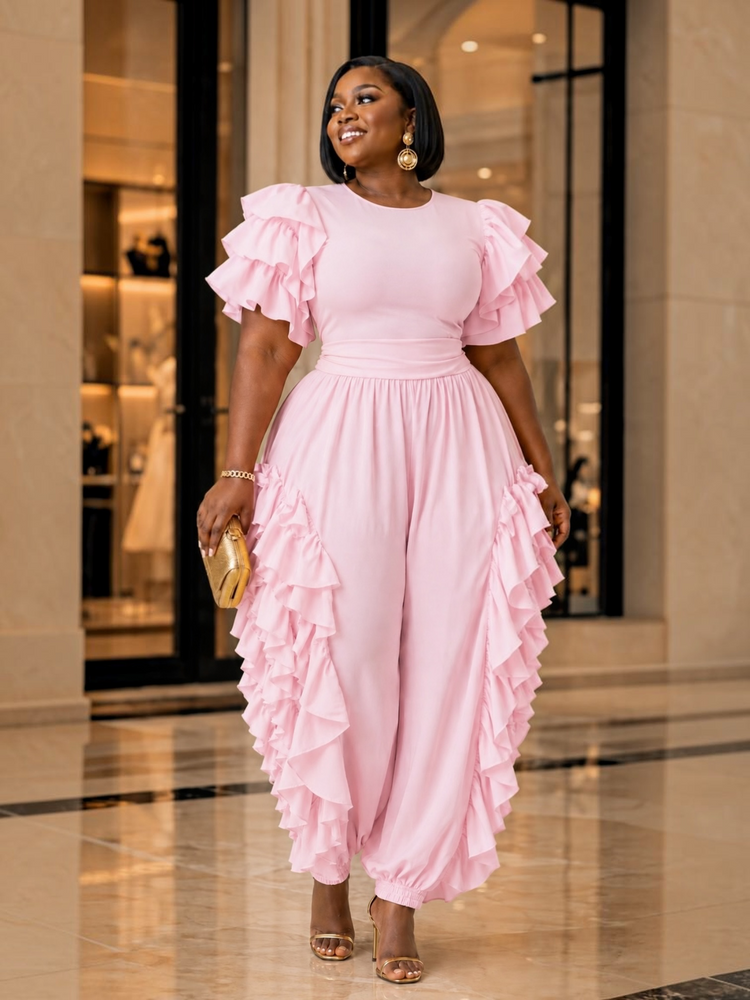Ruffle Me Jumpsuit Plus-Pink