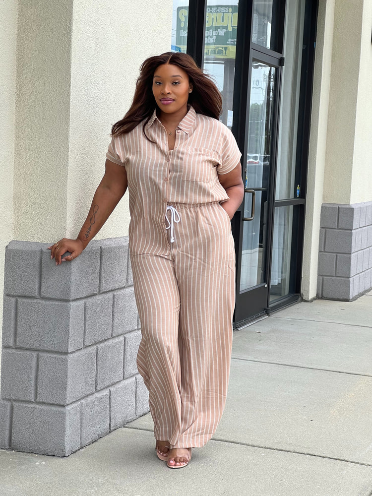 Stripe Button Down Set Plus (Tan)