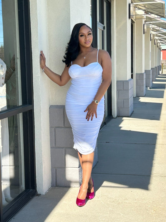 Mesh Ruch Dress-White