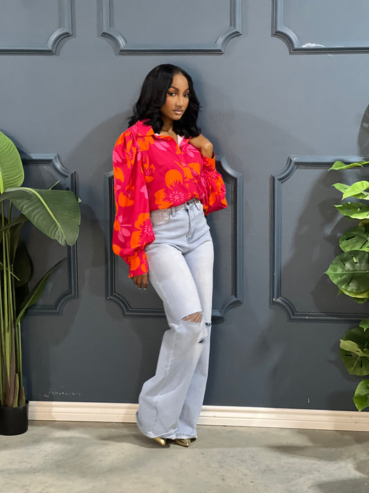 Tropical Flower Blouse Top-Red
