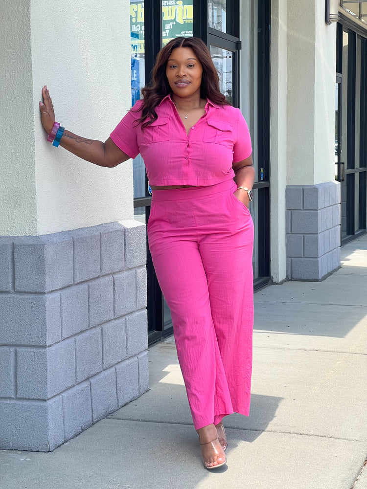 Casual Spring Pink Cropped Set Plus