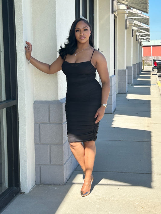 Mesh Ruch Dress-Black