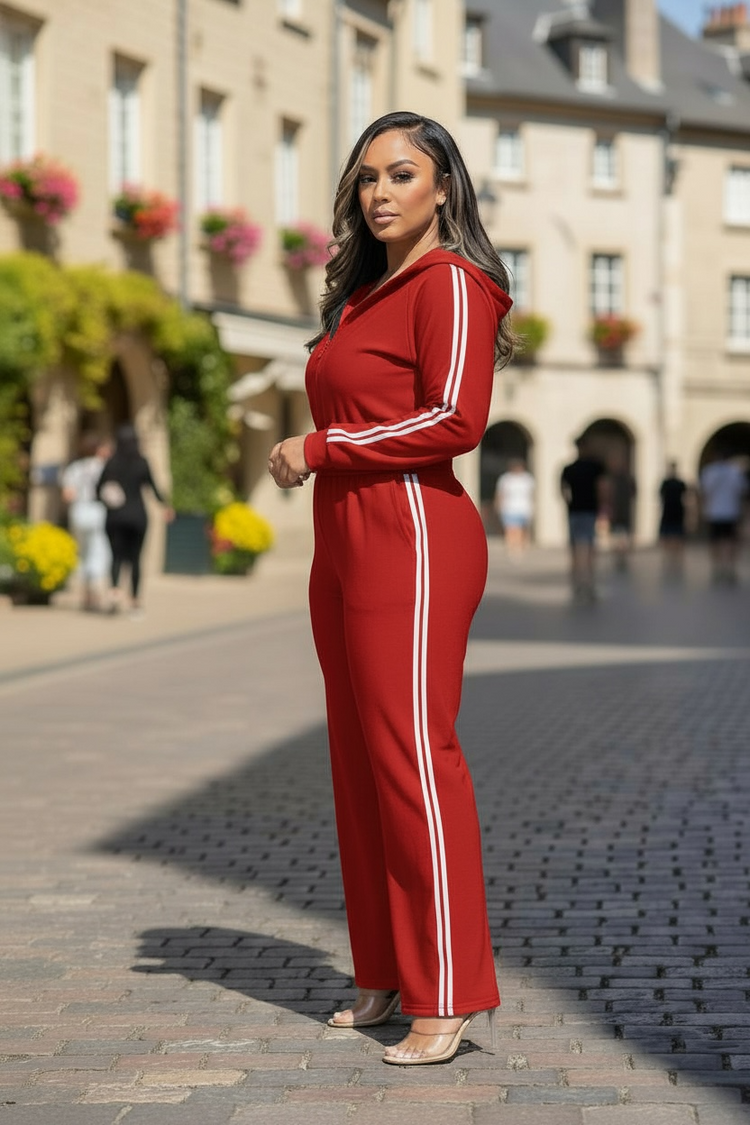 Zip-up Hooded Jumpsuit-Red