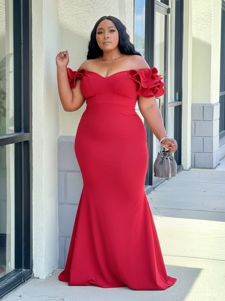 Ruffle My Shoulder Gown Plus-Red