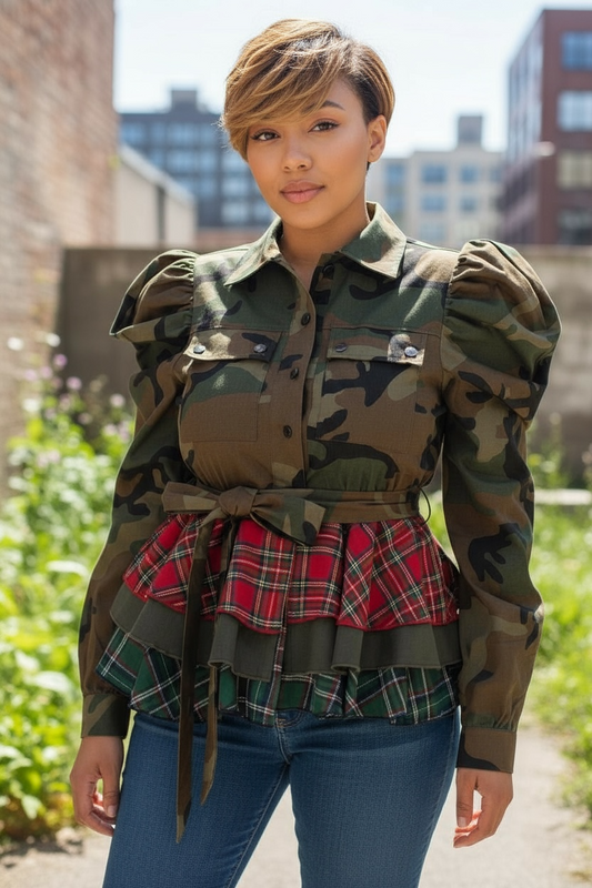 Camouflage + Plaid Jacket Top Plus