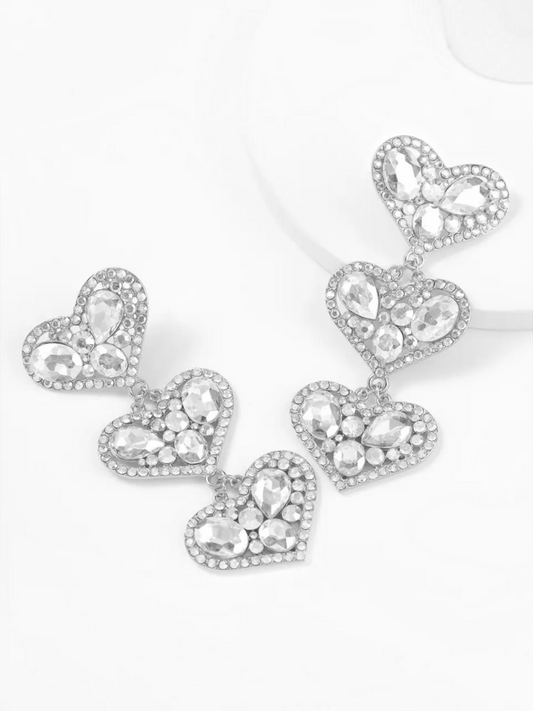 Clear Stone Triple Heart Earrings
